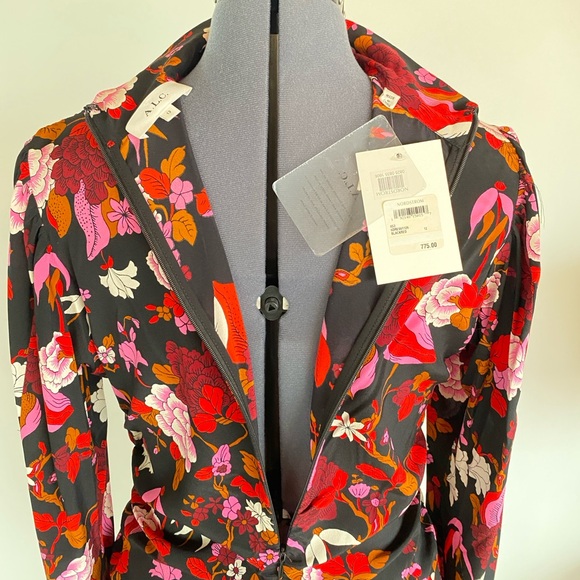 NEW A.L.C. Black Red Floral Print Marcel Mock Neck Ruched Stretch Silk Dress - Picture 9 of 10